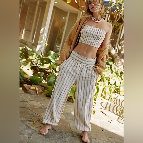 Free People FP Beach Desi Pin Stripe Strapless Bandeau Pants Boho Vacation Set - Picture 2 of 4